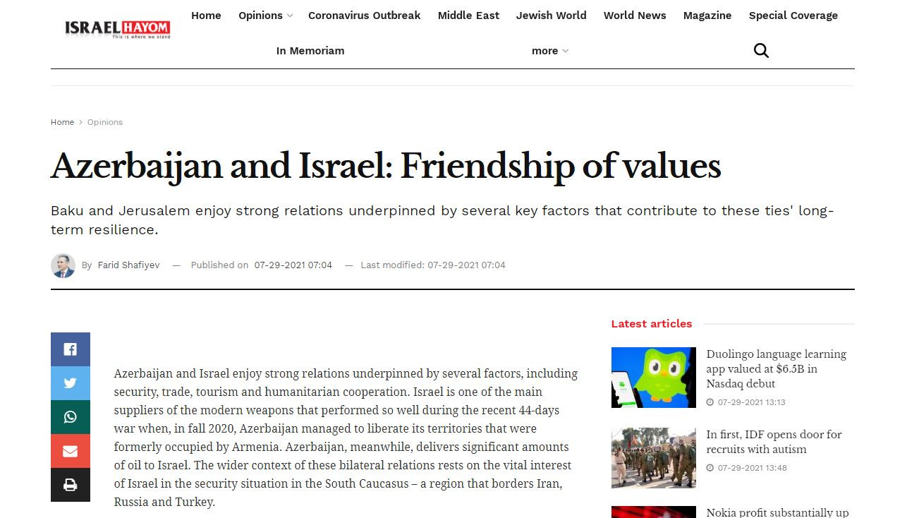Azerbaijan and Israel: Friendship of values