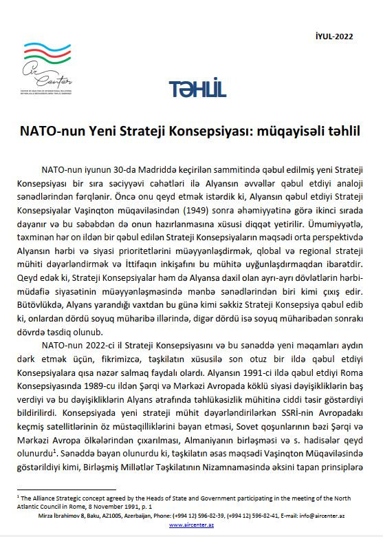 NATO-nun Yeni Strateji Konsepsiyası: müqayisəli təhlil