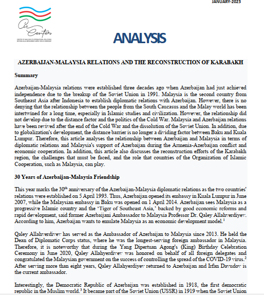 Azerbaijan-Malaysia Relations and the Reconstruction of Karabakh