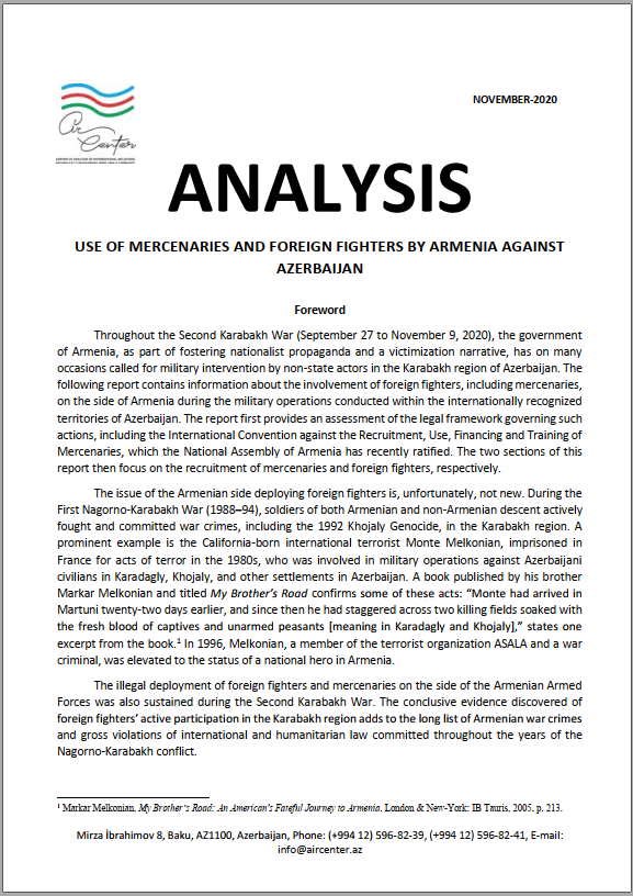  USE OF MERCENARIES AND FOREIGN FIGHTERS BY ARMENIA AGAINST AZERBAIJAN- REPORT