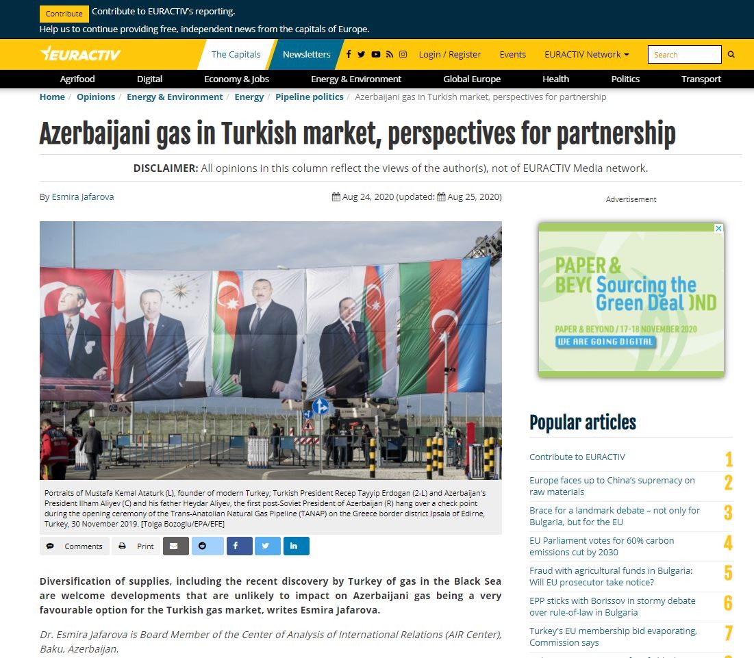 Azerbaijani gas in Turkish market, perspectives for partnership