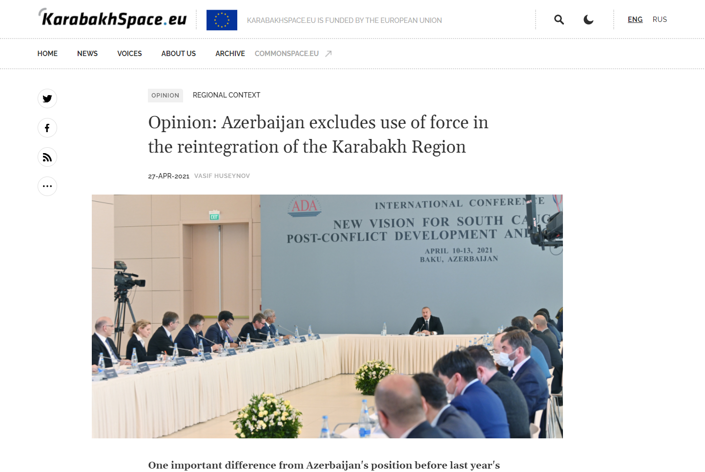 Opinion: Azerbaijan excludes use of force in the reintegration of the Karabakh Region