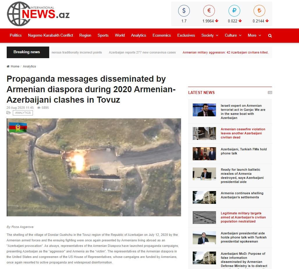 Propaganda messages disseminated by Armenian diaspora during 2020 Armenian-Azerbaijani clashes in Tovuz