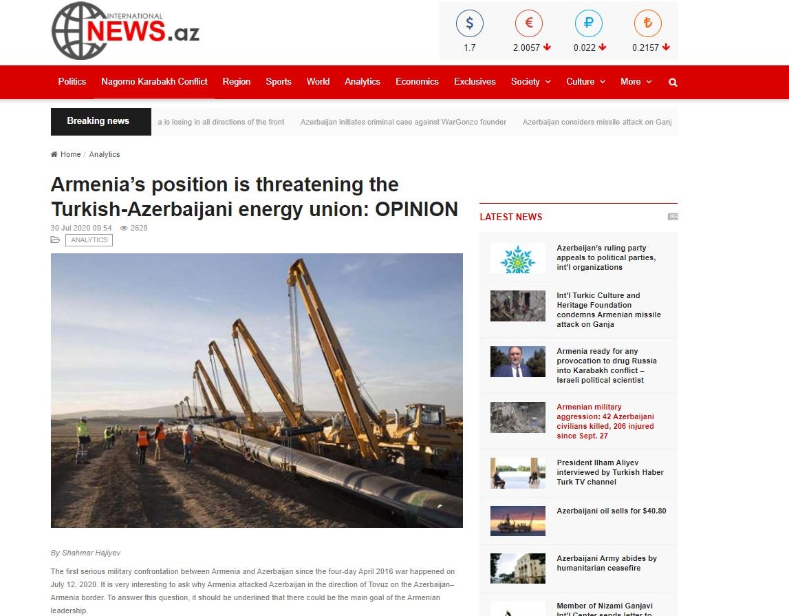 Armenia’s position is threatening the Turkish-Azerbaijani energy union: OPINION