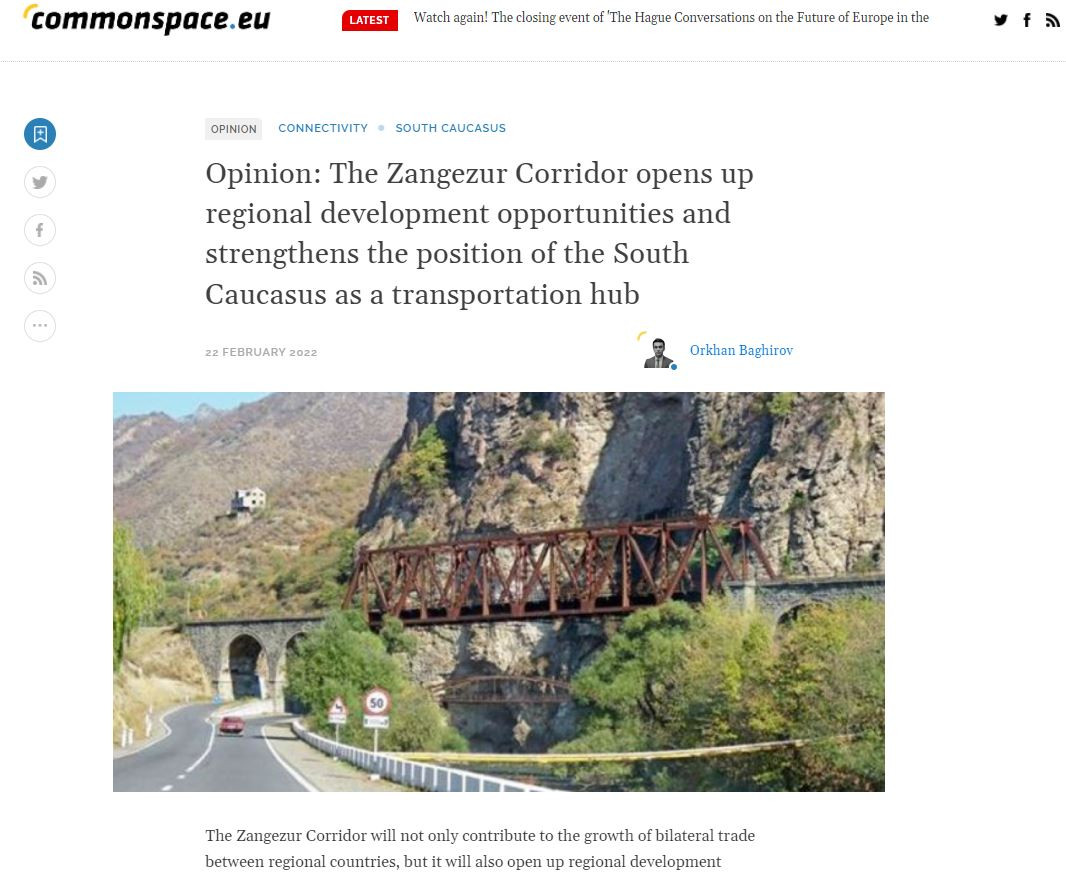 Opinion: The Zangezur Corridor opens up regional development opportunities and strengthens the position of the South Caucasus as a transportation hub