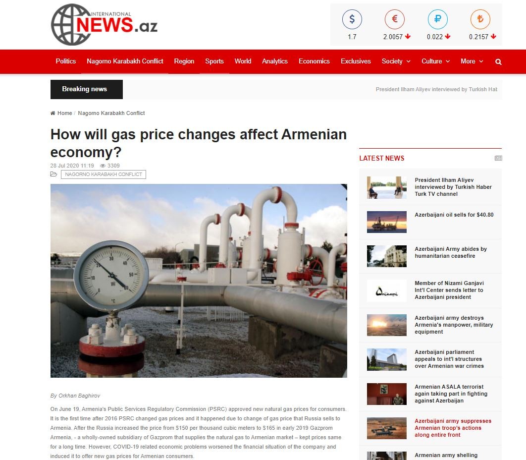 How will gas price changes affect Armenian economy?