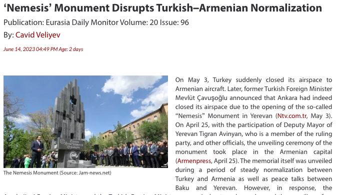 ‘Nemesis’ Monument Disrupts Turkish–Armenian Normalization