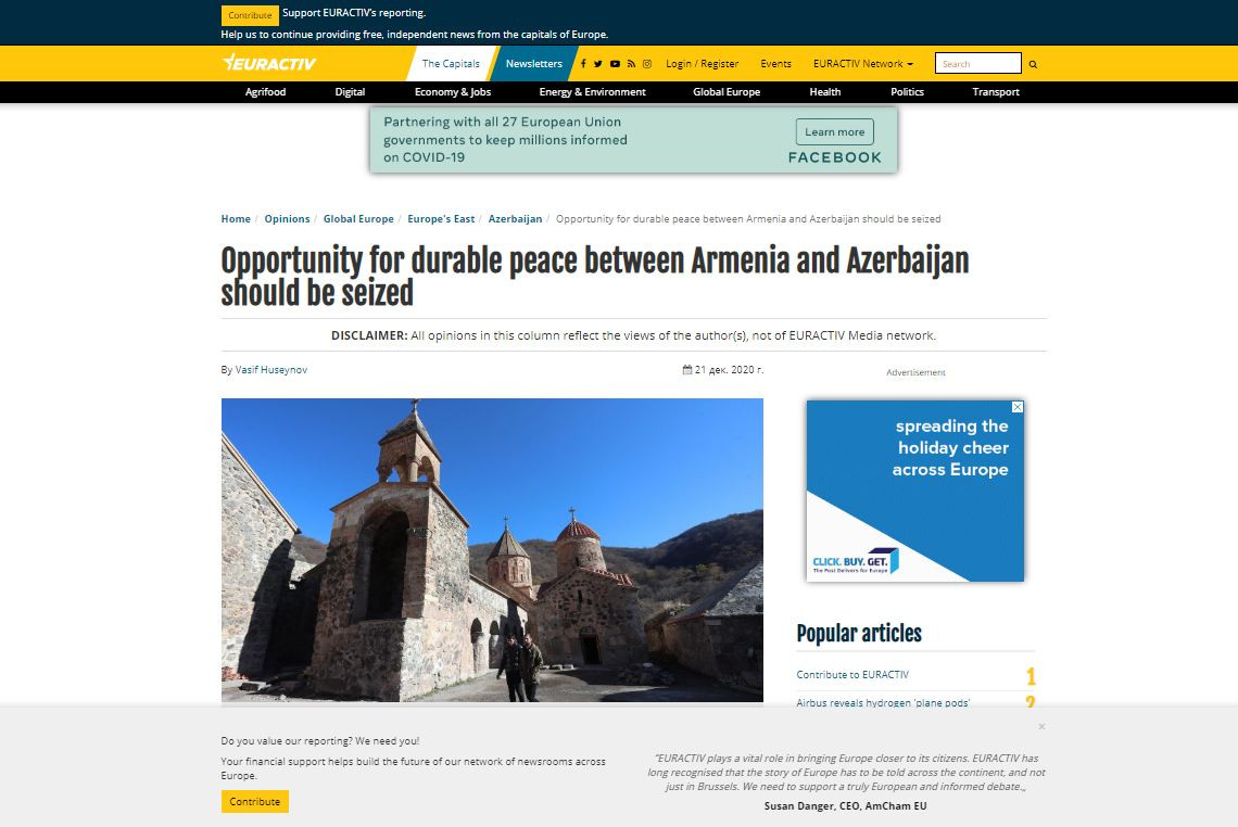 Opportunity for durable peace between Armenia and Azerbaijan should be seized