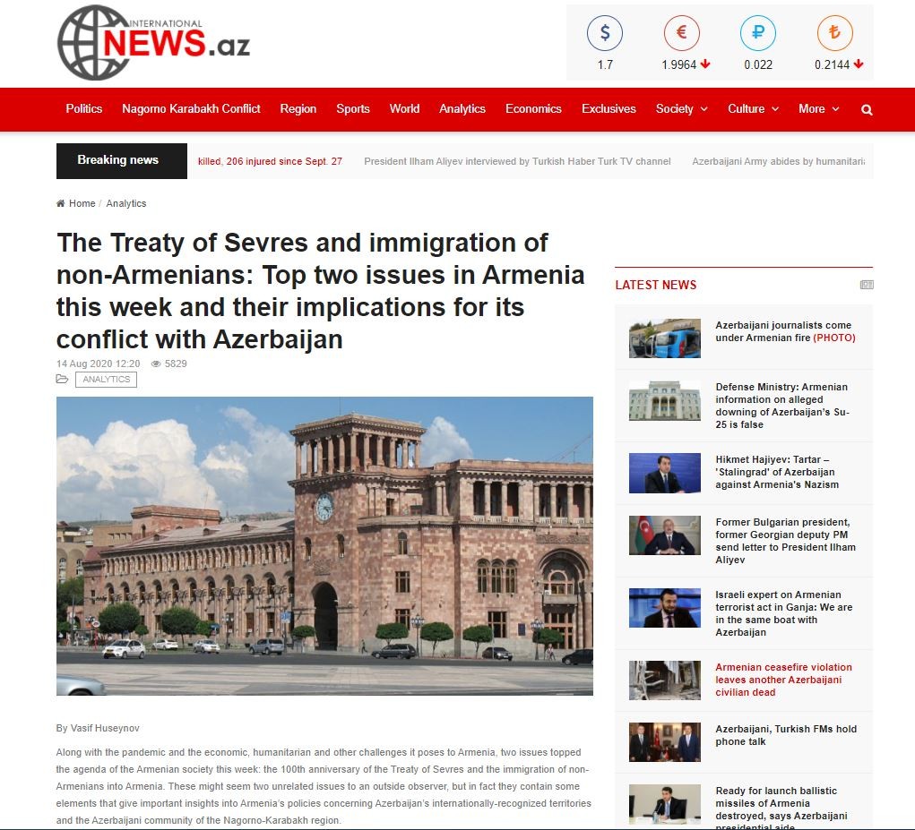 The Treaty of Sevres and immigration of non-Armenians: Top two issues in Armenia this week and their implications for its conflict with Azerbaijan