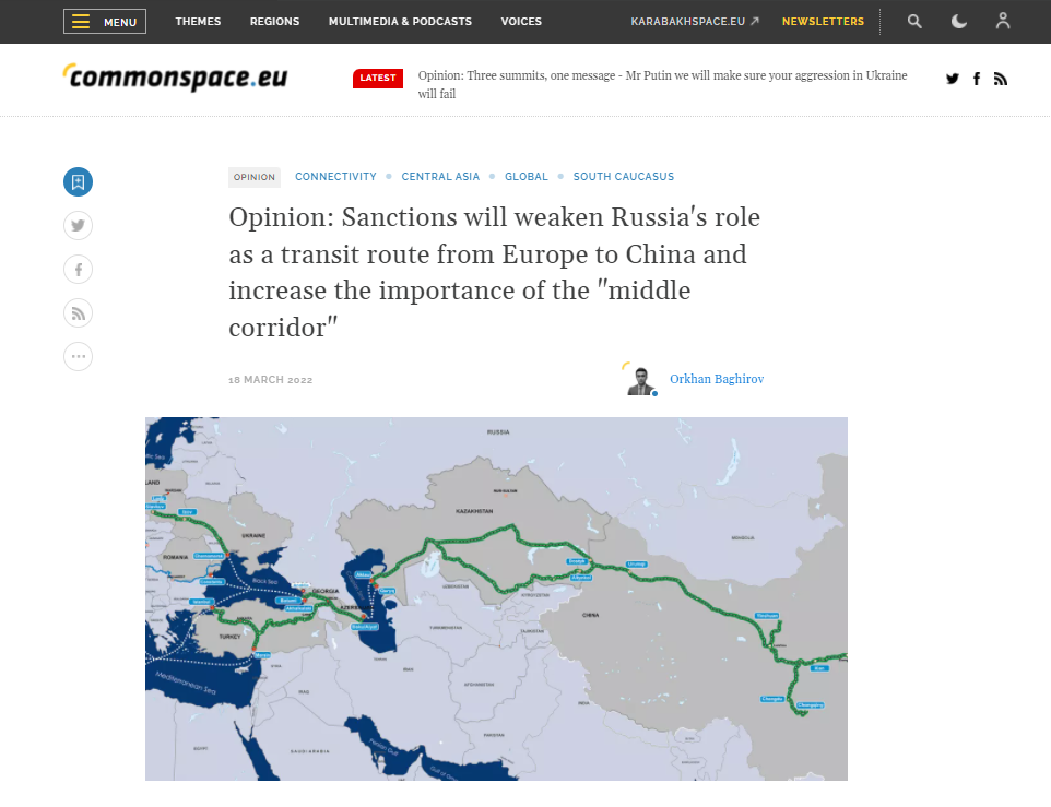 Санкции ослабят роль России как транзитного маршрута между Европой и Китаем и увеличат значимость «Среднего коридора»