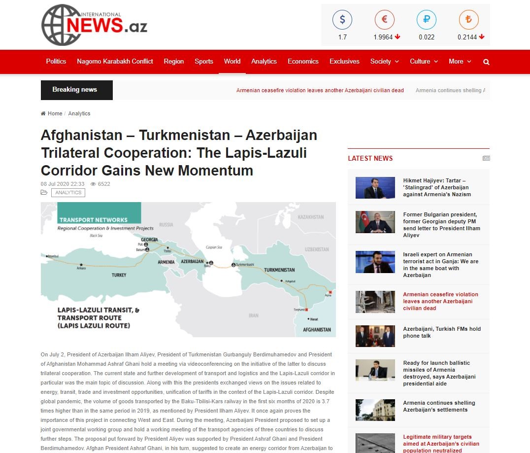 Afghanistan – Turkmenistan – Azerbaijan Trilateral Cooperation: The Lapis-Lazuli Corridor Gains New Momentum