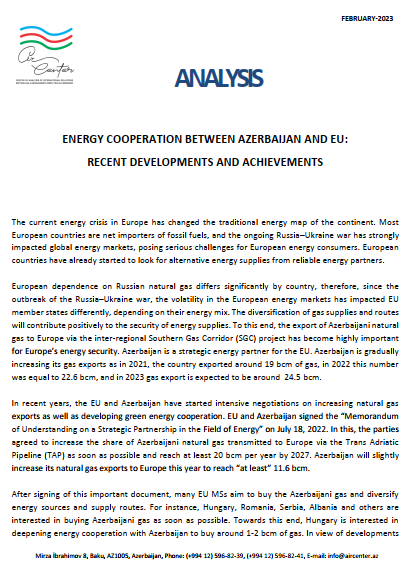 Energy Cooperation Between Azerbaijan and EU: Recent Developments and Achievements