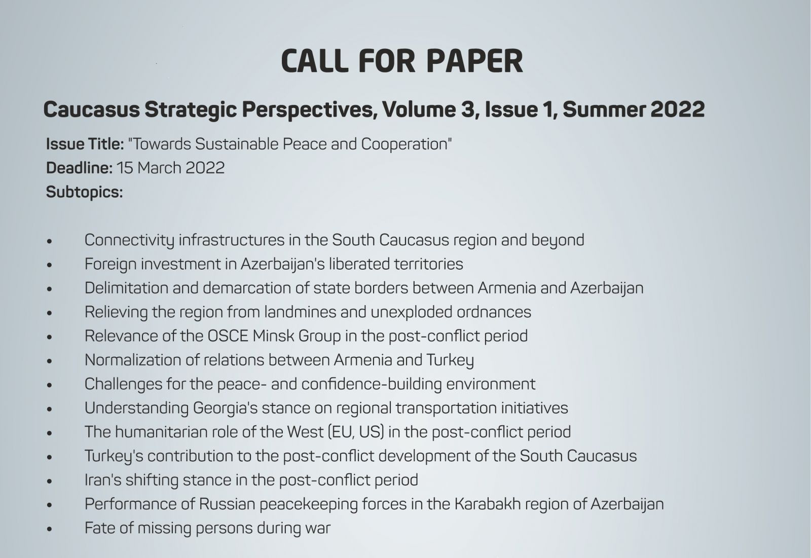 Call for Submissions - Caucasus Strategic Perspectives, Volume 3, Issue 1, Summer 2022