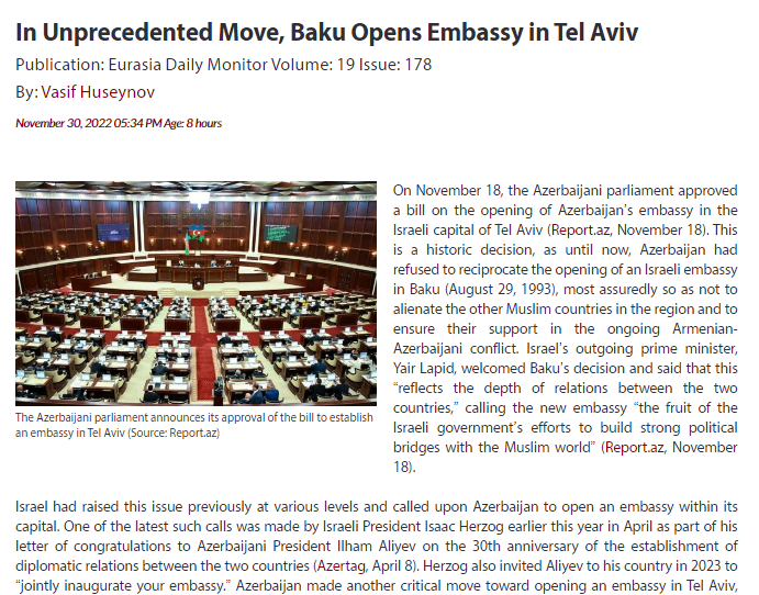 In Unprecedented Move, Baku Opens Embassy in Tel Aviv