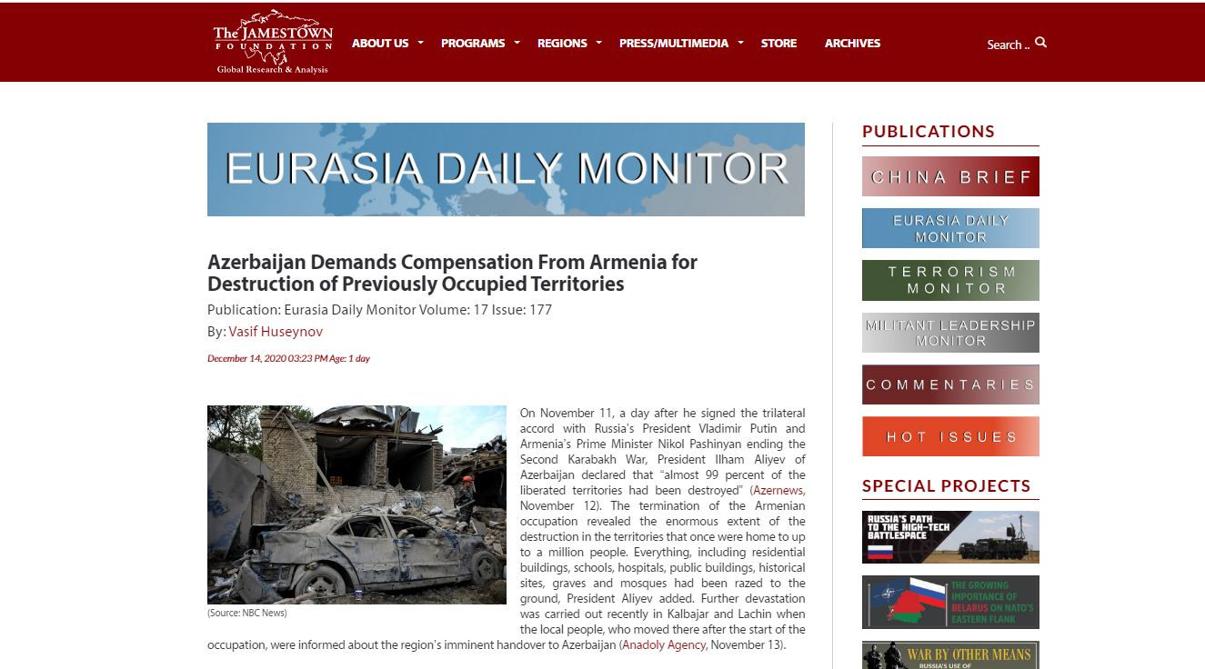 Azerbaijan Demands Compensation From Armenia for Destruction of Previously Occupied Territories